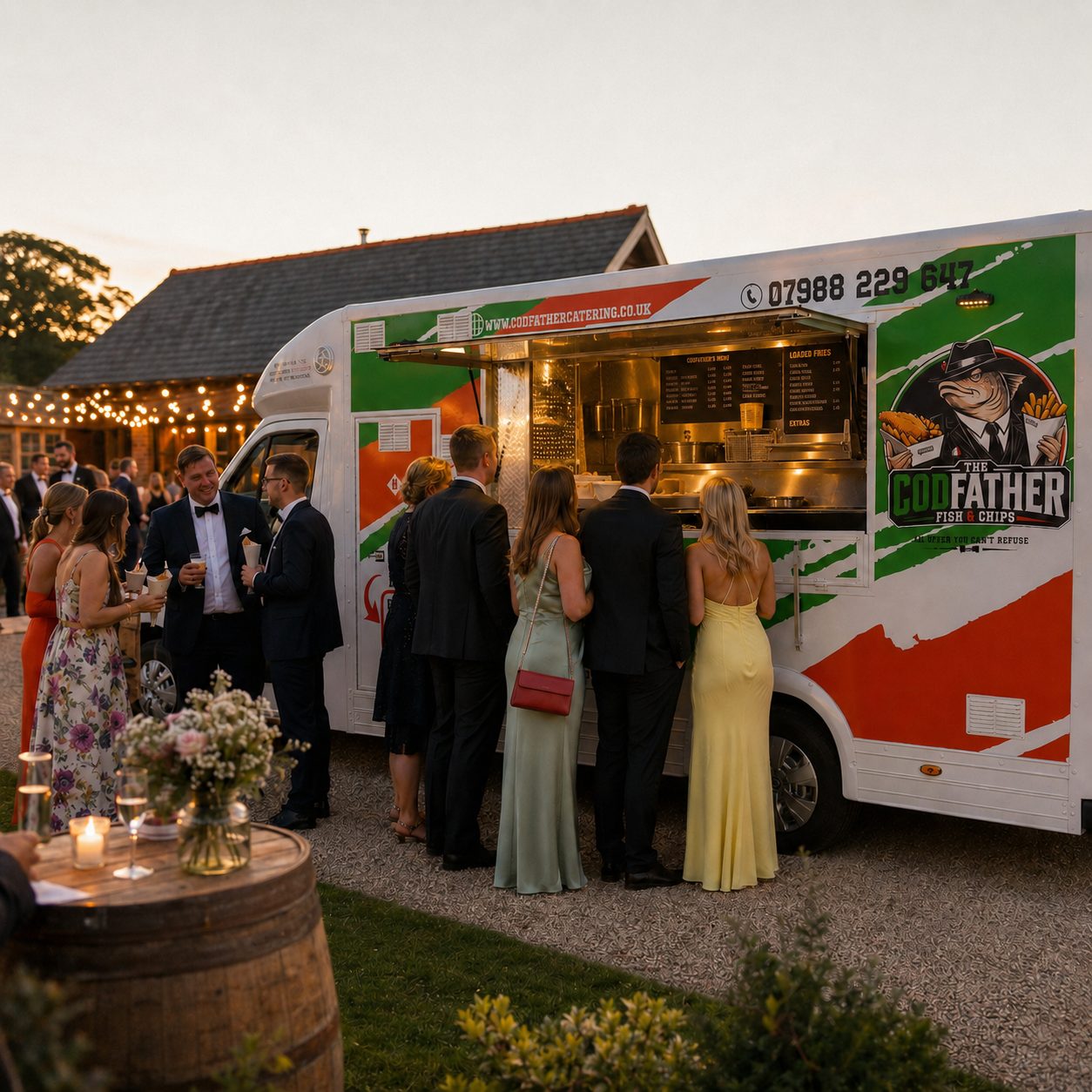Wedding guests queuing at fish and chip van catering, Scotland